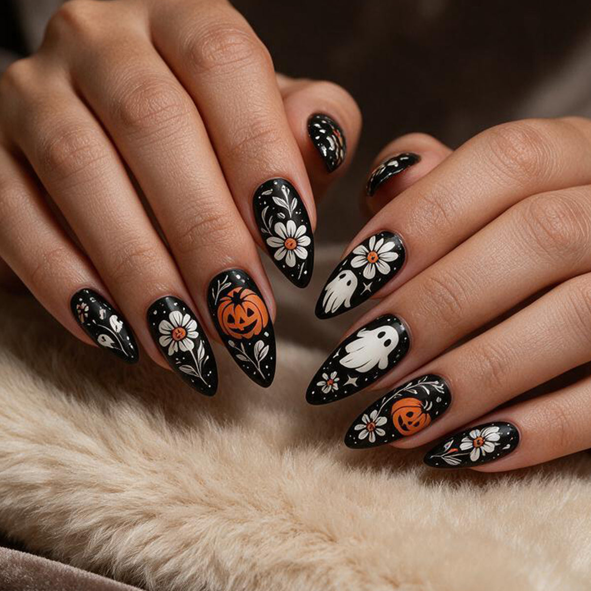 Spooky Halloween Long Stiletto Black Press On Nail Set with Whimsical Ghost and Pumpkin Designs