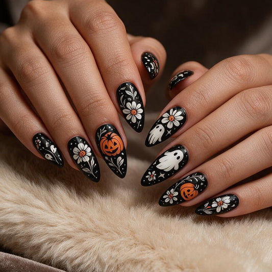 Spooky Halloween Long Stiletto Black Press On Nail Set with Whimsical Ghost and Pumpkin Designs