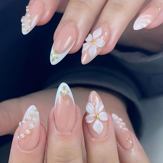 Elegant Floral Design Long Stiletto Pink with Pearl Accents Press On Nail Set