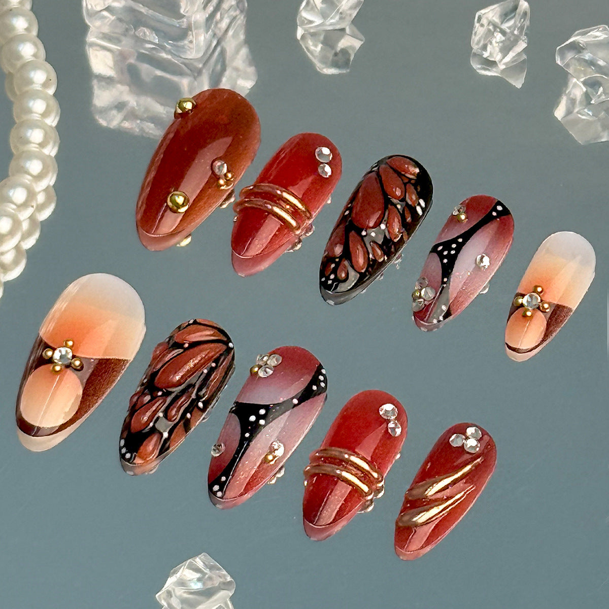 Glamorous Fall Fantasy Medium Almond Rusty Red with Unique Metallic Accents Press on Nail Set