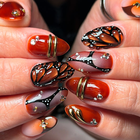 Autumn Elegance Short Almond Orange Gradient with Sparkling Gems