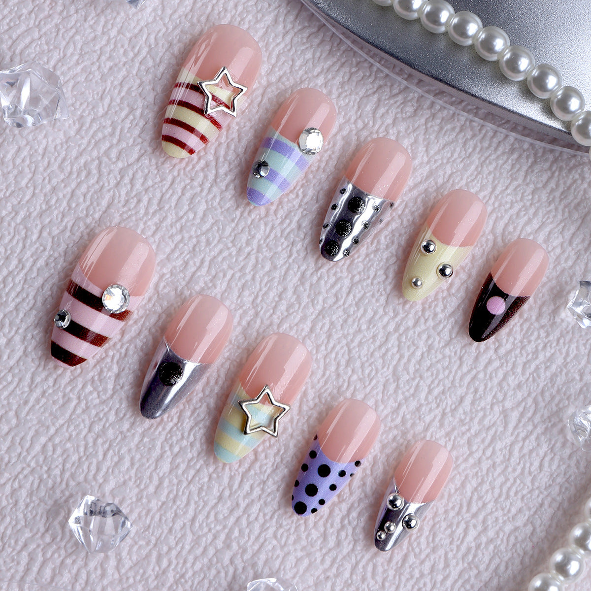 Charming Starry Night Medium Almond Pink Press On Nail Set with Glittering Accents