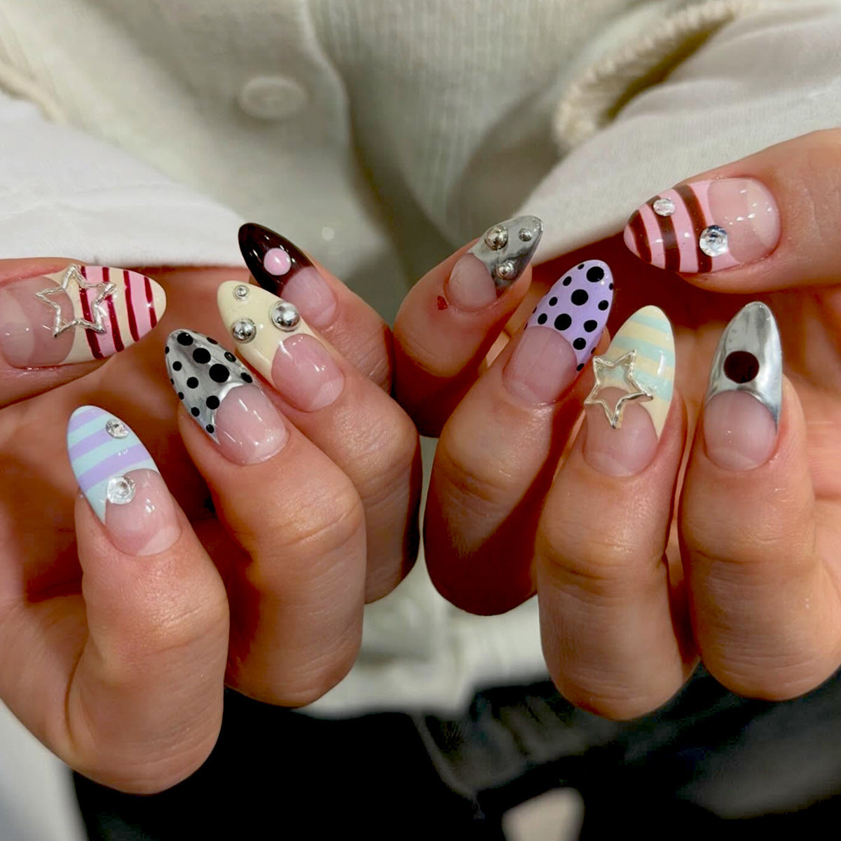 Whimsical Glamour Medium Almond Colorful with Unique Charms Press-On Nail Set