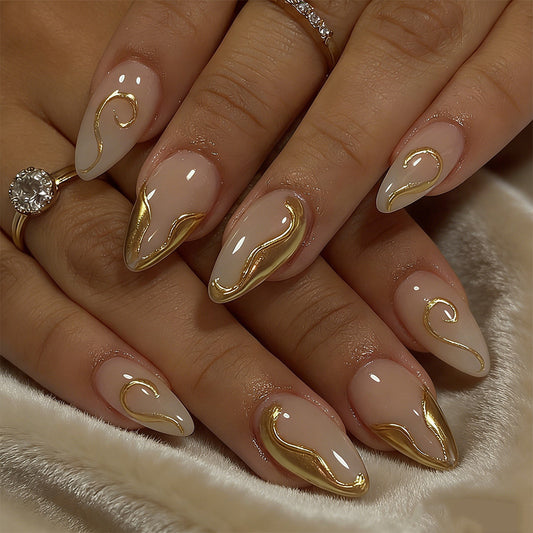 Elegant Glow Long Almond Shaped Beige Press On Nail Set with Gold Swirl Detail