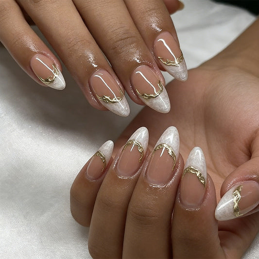 Elegant Dreamy White Long Almond Shape Press On Nail Set with Glamorous Gold Accent