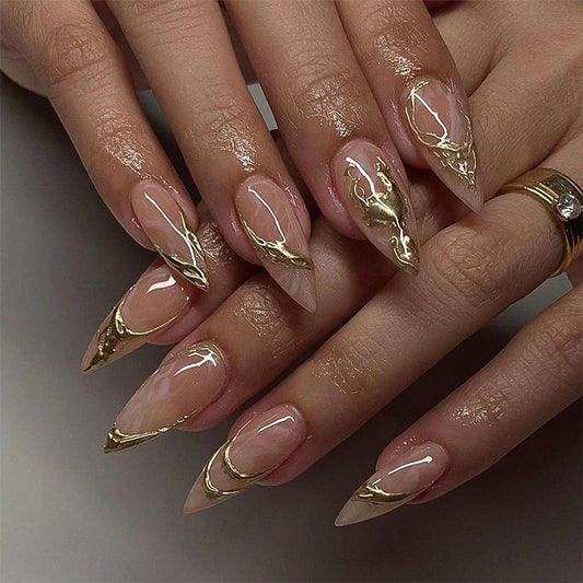 Glamorous Golden Touch Long Stiletto Ombre Press On Nail Set with Intricate Metallic Accents