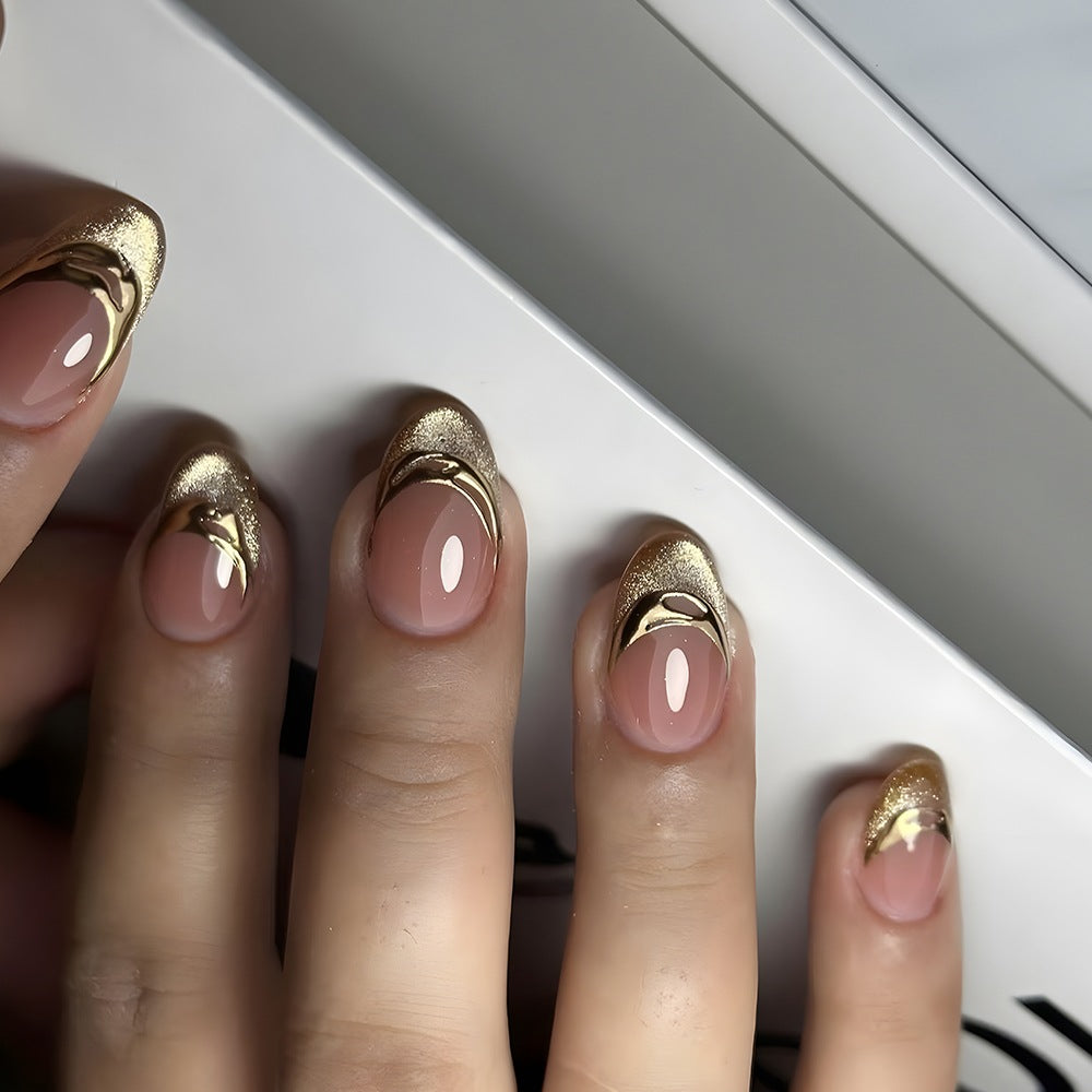 Glamorous Elegance Medium Almond Pink with Gold Accent Stunning Design Press-On Nail Set