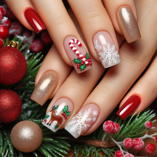 Festive Winter Wonderland Long Square Red and Gold with Charming Christmas Character Detailed Nail Set