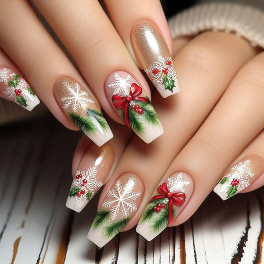 Festive Winter Wonderland Long Coffin Green and Gold Holiday Themed Press on Nail Set with Intricate Snowflake and Holly Designs