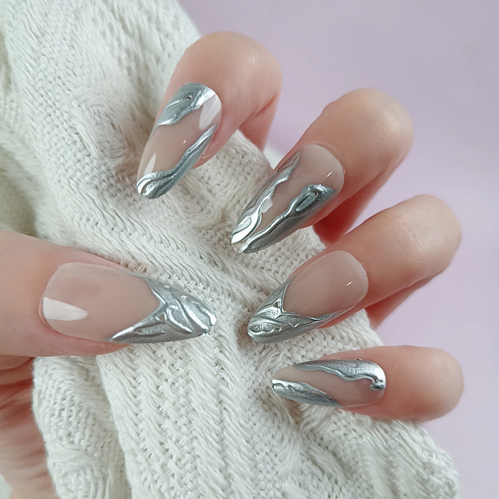 Glamorous Elegance Long Almond Clear and Silver Swirl Design Press On Nail Set