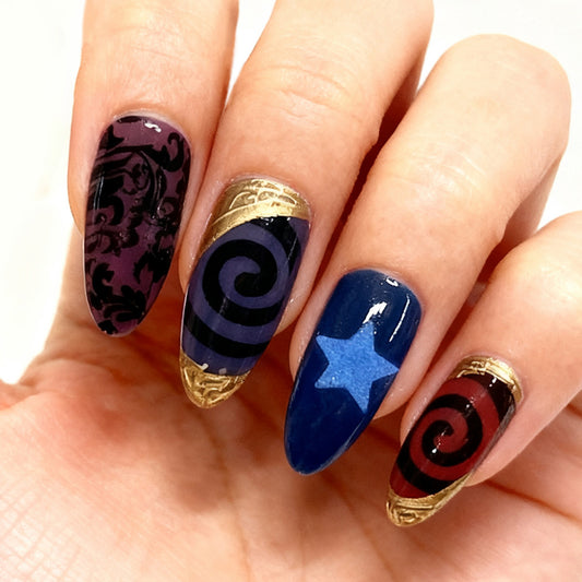 Mystical Elegance Long Almond Purple and Blue Swirl Design with Gold Accents Press On Nail Set