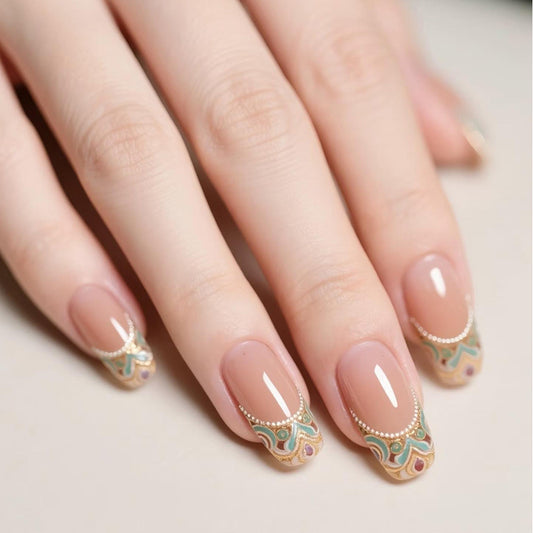 Elegant Vintage Inspired Press-On Nail Set Long Squoval Shaped Beige with Colorful Glitter Accents
