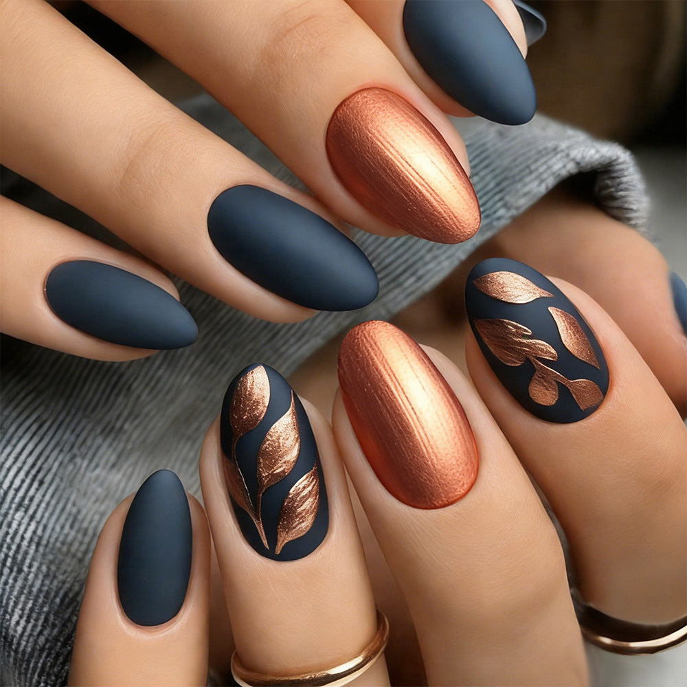 Autumn Elegance Press On Nail Set in Long Almond Shape Deep Matte Blue with Stunning Copper Leaf Accents