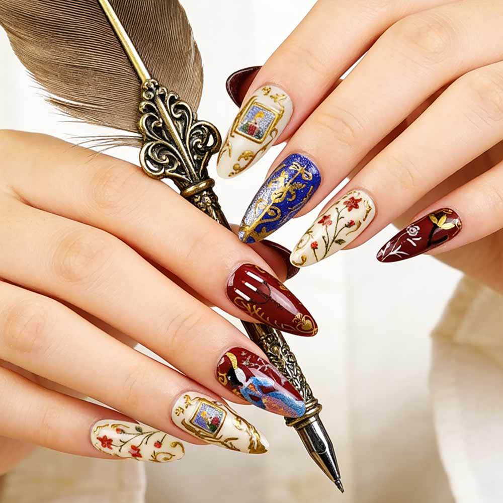 Elegant Midnight Dreams Long Almond Red Blue and Golden Floral Press-On Nail Set