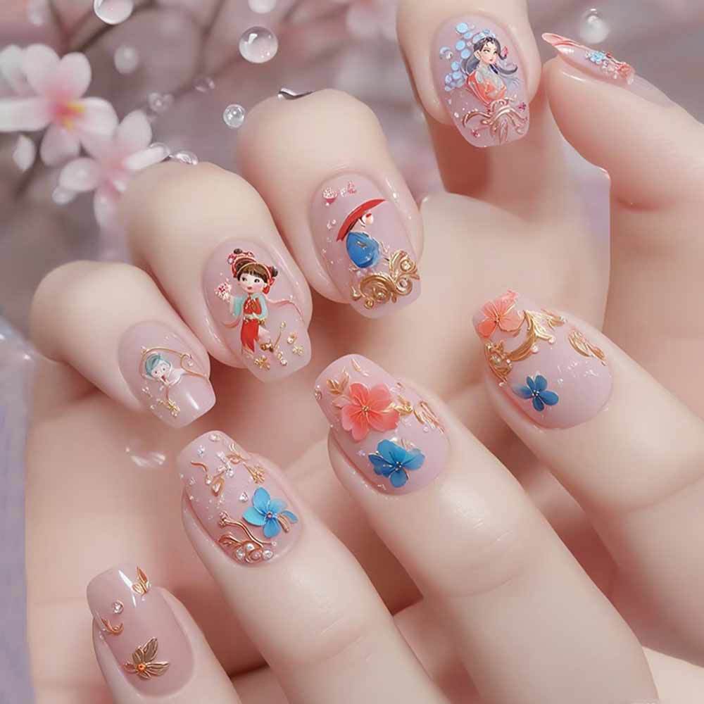Whimsical Floral Elegance Medium Squoval Pink Press-On Nail Set with Charming Character Designs