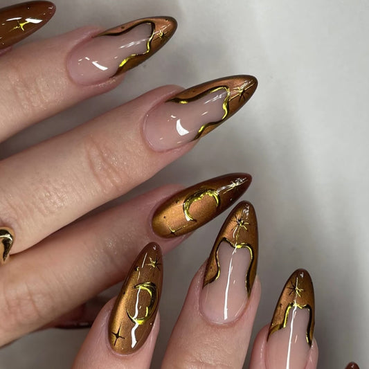 Celestial Elegance Long Almond Shaped Brown with Gold Accents Press on Nail Set