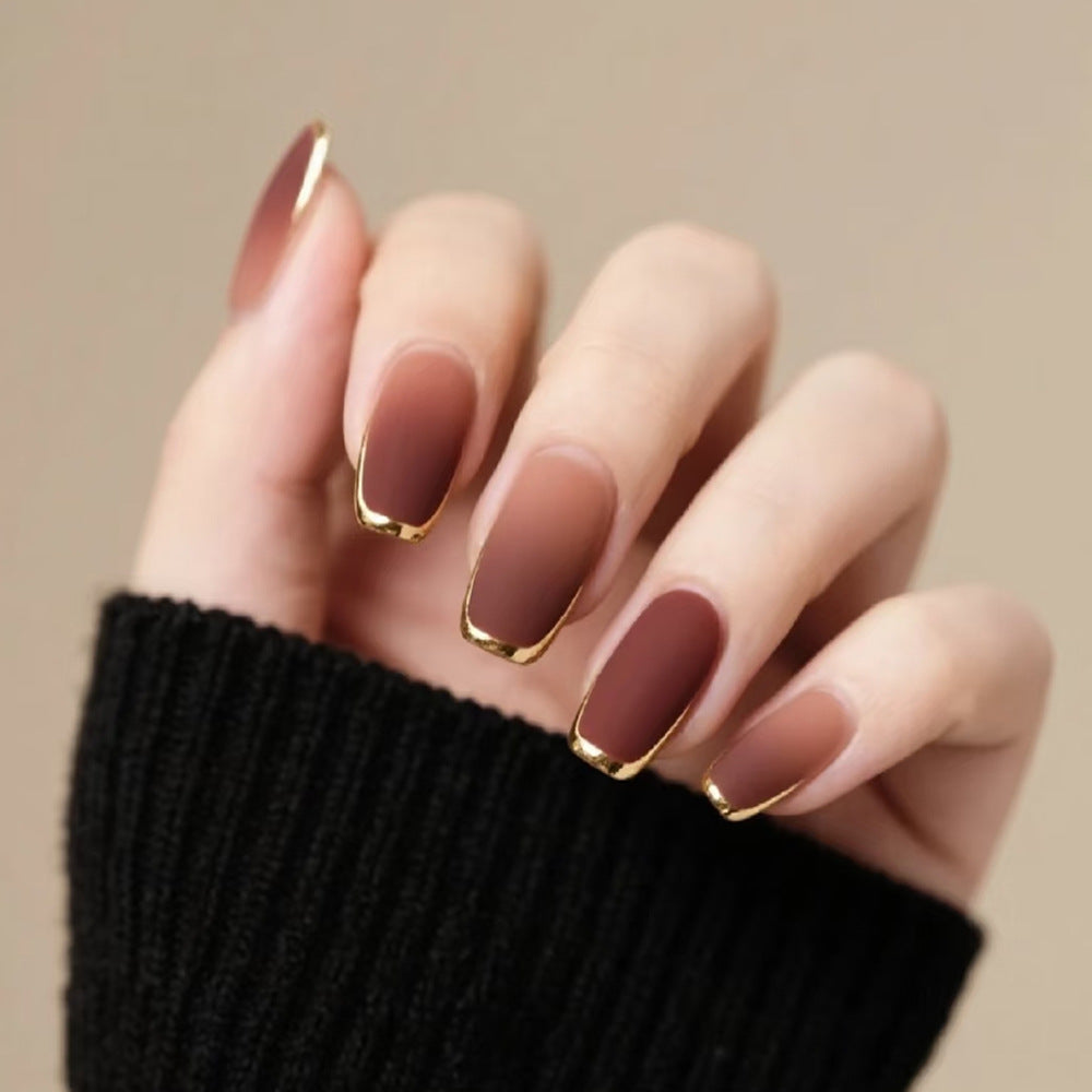 Elegant Autumn Vibes Long Square Burgundy and Brown Gradient with Gold Tip Accent Press-On Nail Set