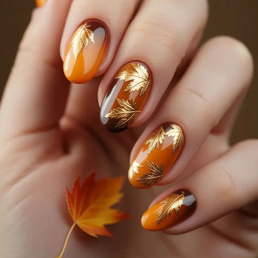 Autumn Elegance Medium Oval Orange and Brown Gradient with Gold Leaf Accents Press On Nail Set