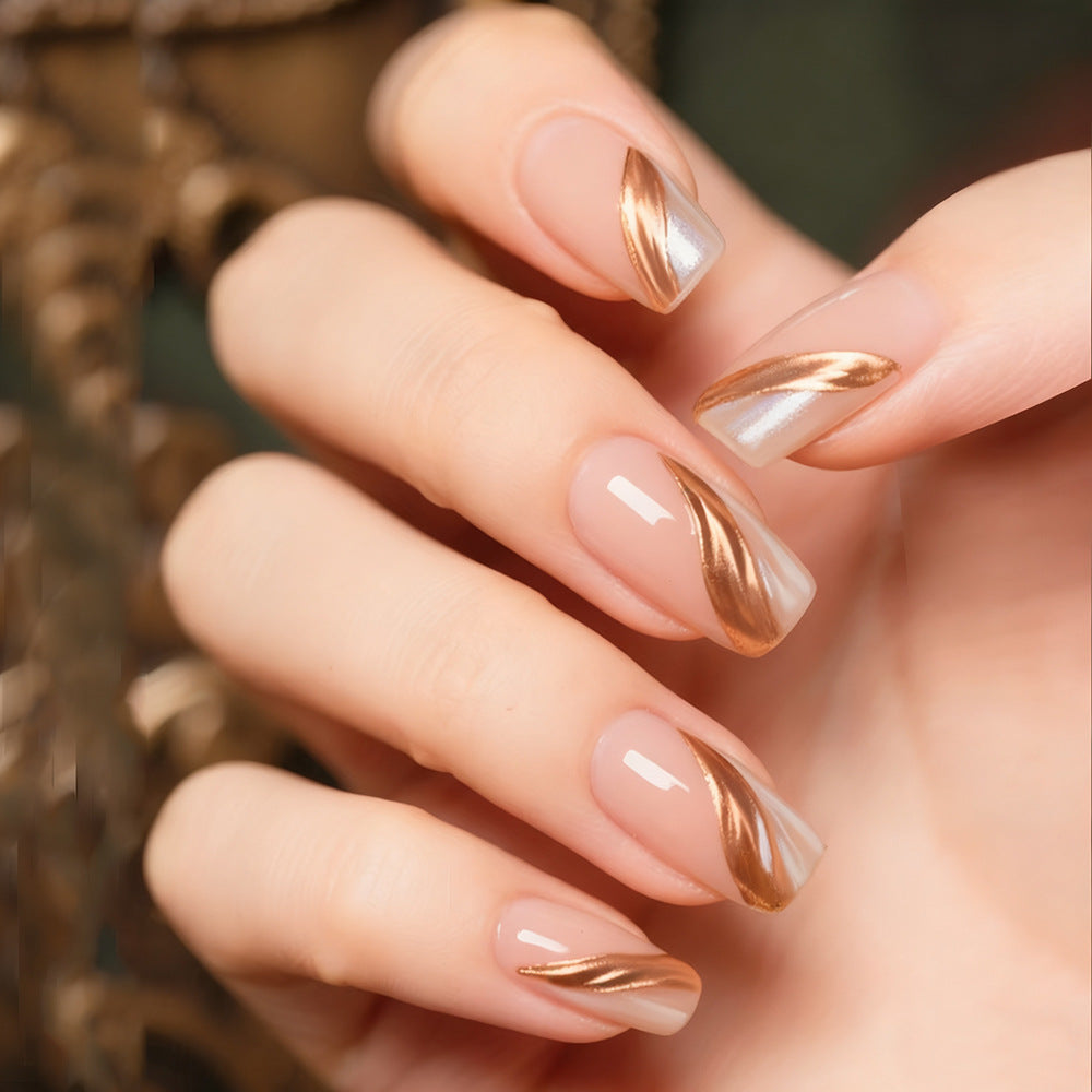 Gilded Elegance Long Square Beige with Metallic Swirl Design Press On Nail Set