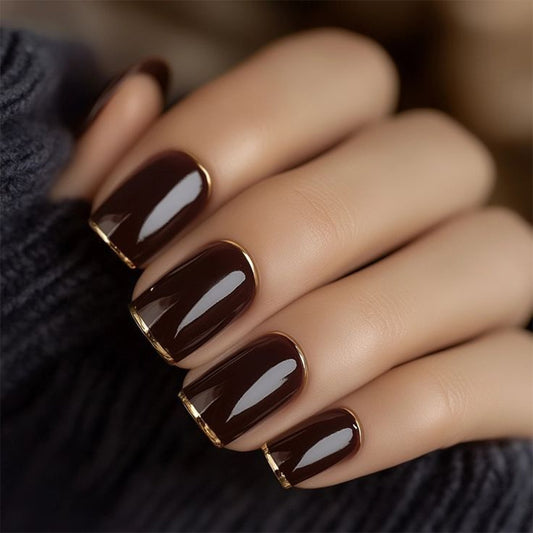 Chic Elegance Short Square Dark Brown Nails with Glossy Finish and Gold Accent Tips