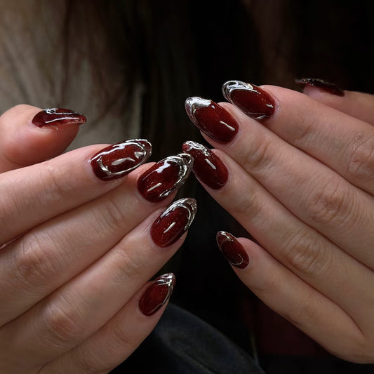 Gothic Elegance Medium Almond Burgundy with Metallic Swirl Design Press on Nail Set