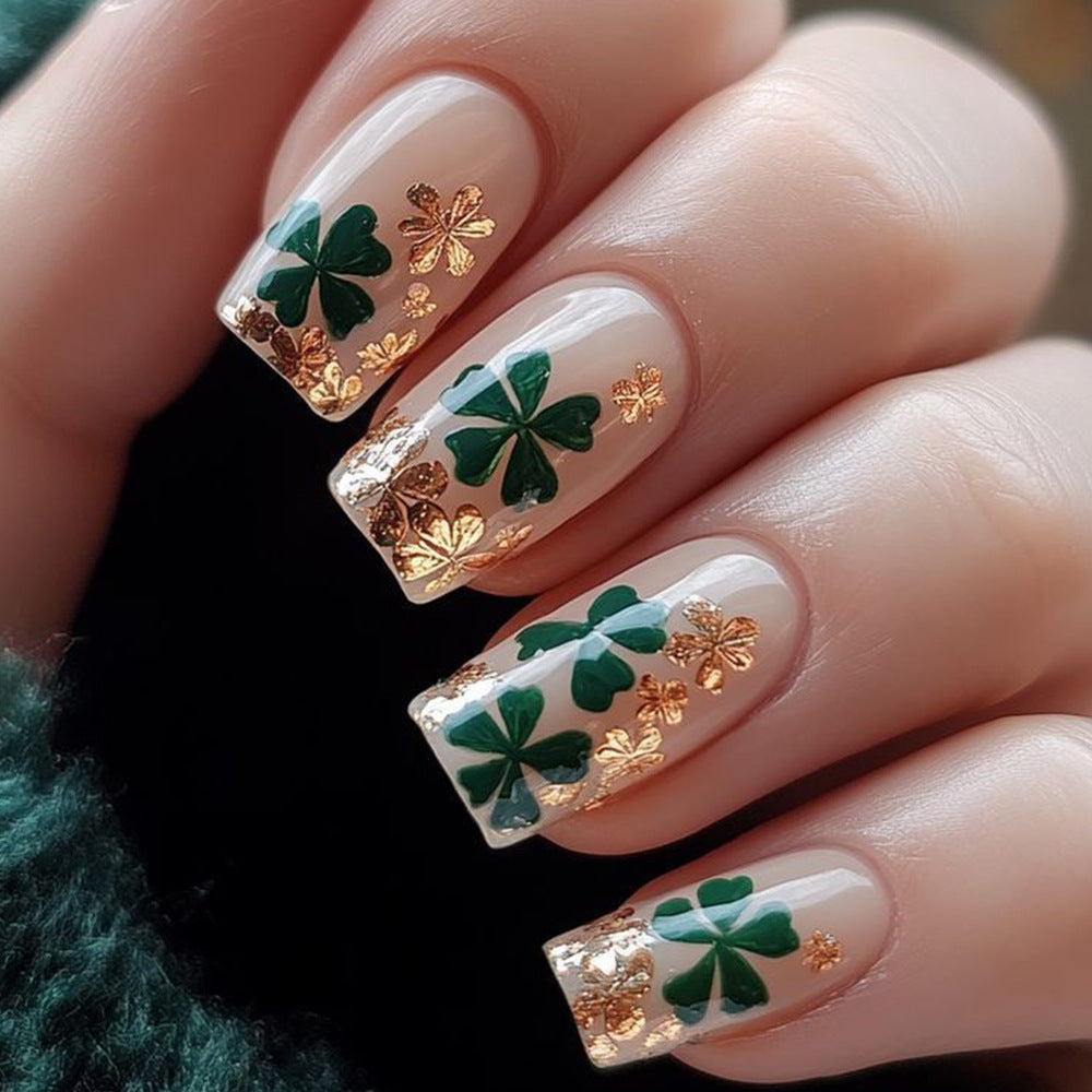 Lucky Clover Olive Green Long Square Press On Nail Set with Elegant Gold Foil Accents
