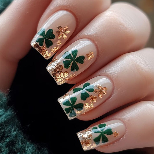 Lucky Clover Olive Green Long Square Press On Nail Set with Elegant Gold Foil Accents