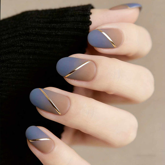 Chic Elegance Medium Round Matte Blue and Beige Gradient Nails with Gold Accent Lines