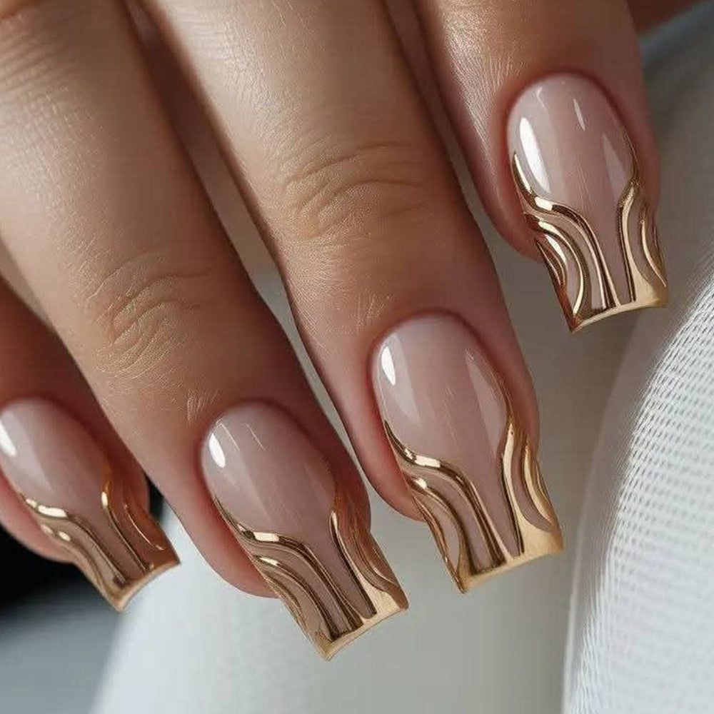 Elegant Flowing Gold Long Square Beige Nail Set