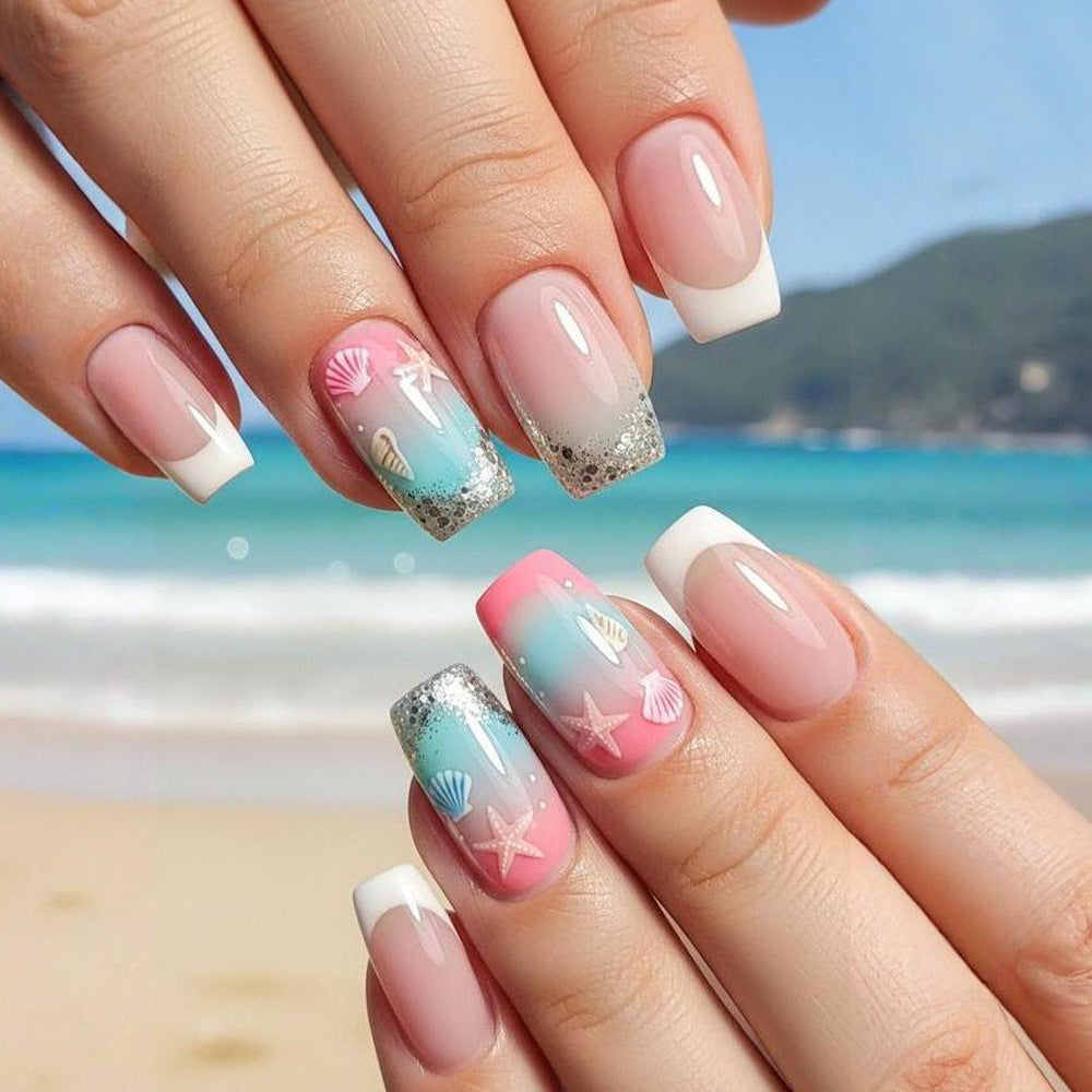 Seashell Elegance Medium Square Pink and Blue Ombré with Glitter Tips Nail Set
