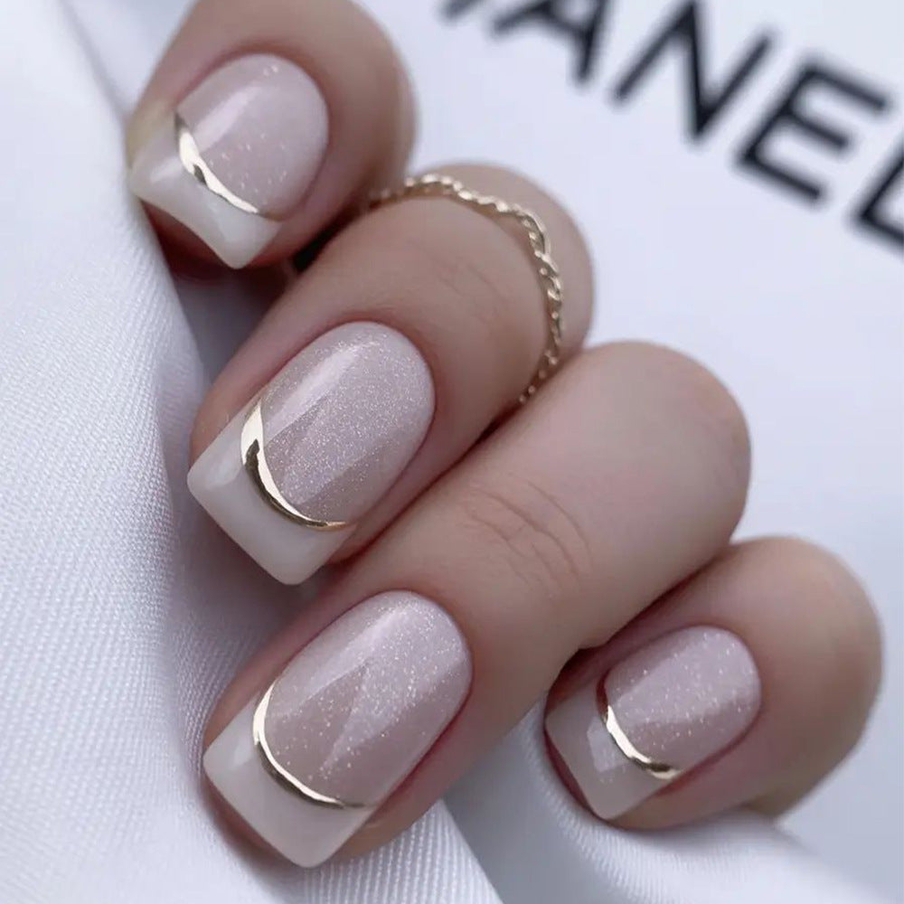 Chic Elegance Medium Square Neutral with Gold Accent Press On Nail Set
