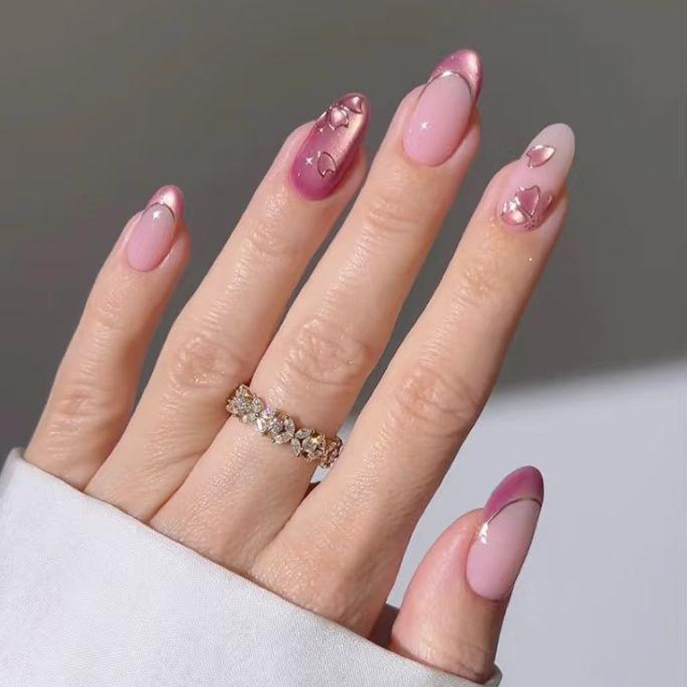 Charming Floral Themed Medium Almond Pink Ombre Nails with Glitter Accents