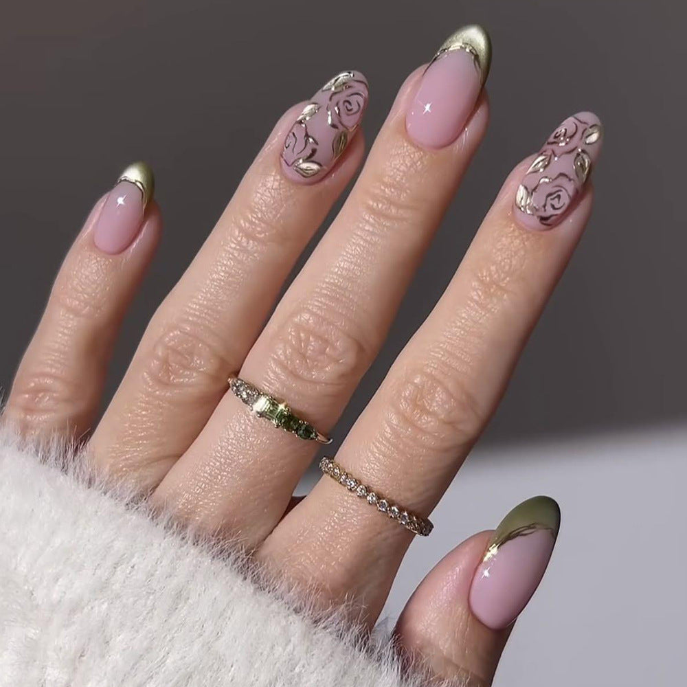 Elegant Floral Fantasy Medium Almond Pink with Gold Detailing Press On Nail Set
