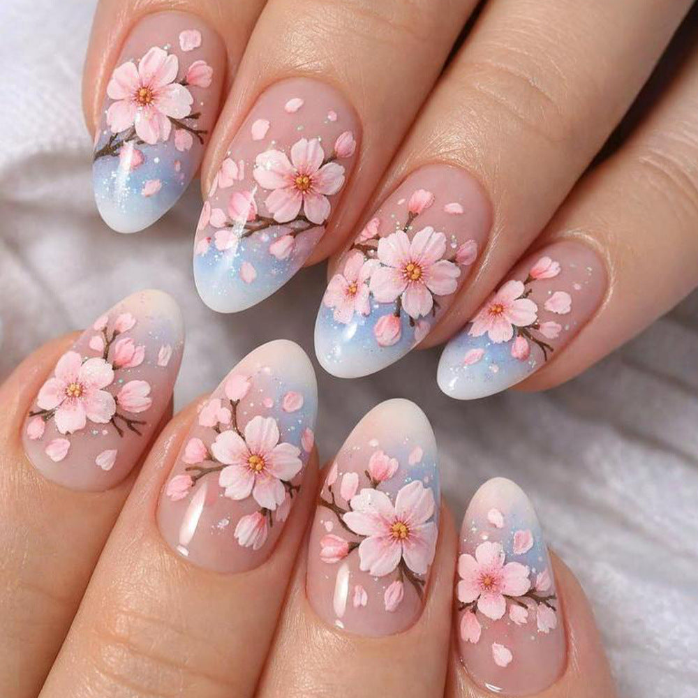 Blossom Dream Medium Almond Pink Floral Ombre Design Press-On Nail Set