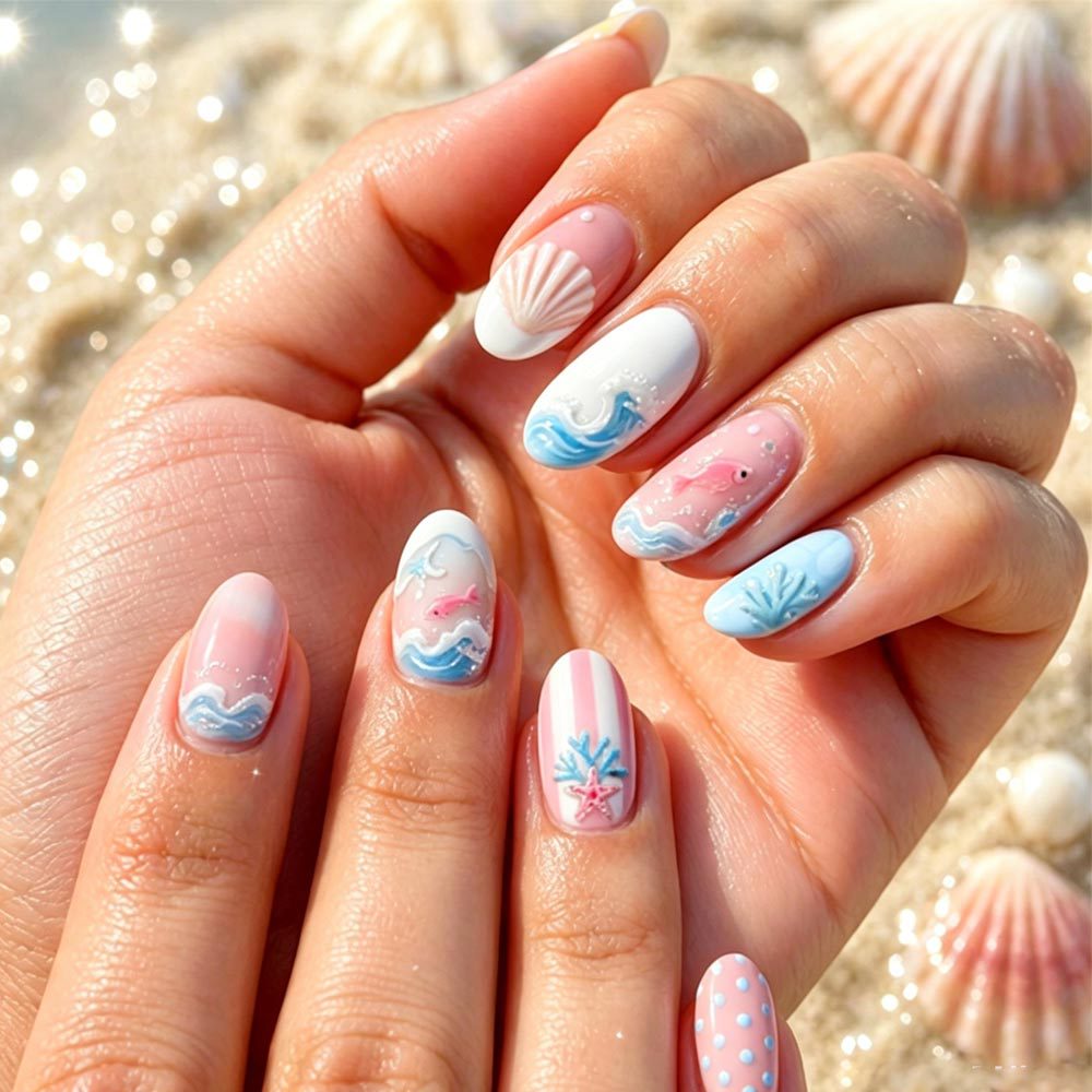 Ocean Breeze Medium Oval Pink and Blue Wave Design Press On Nail Set