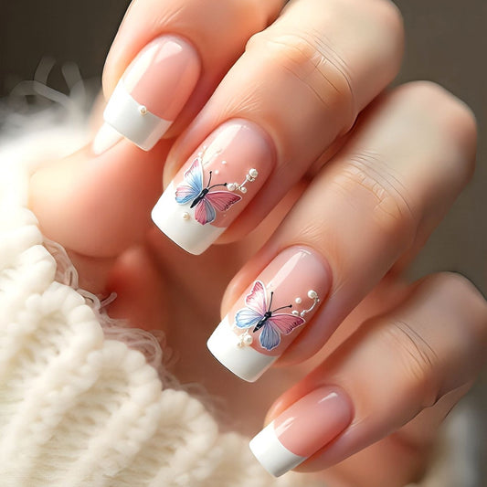 Whimsical Butterfly Bliss Medium Square Pink with Pearl Accents Press on Nail Set