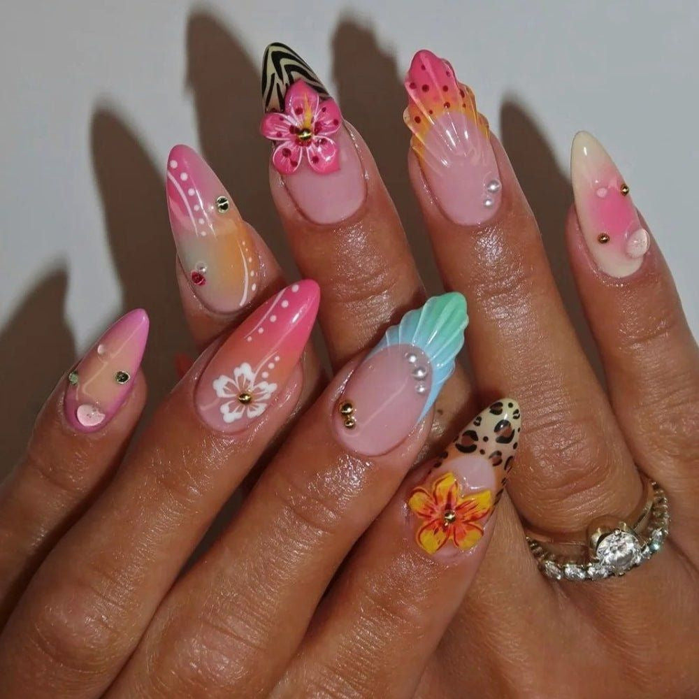 Tropical Paradise Press On Nail Set Long Almond Ombre Pink With Floral Accents and Gem Details