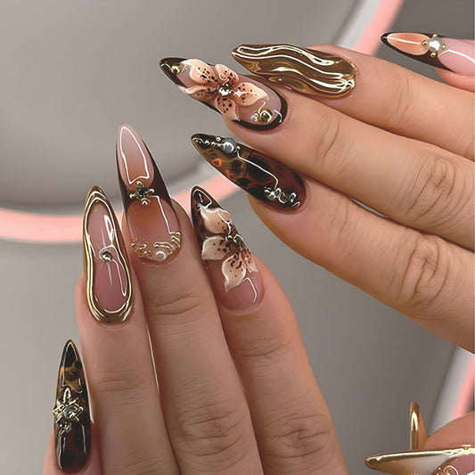 Mystical Elegance Long Stiletto Glossy Brown Ombre with Floral Accents and Gold Detailing Press on Nail Set
