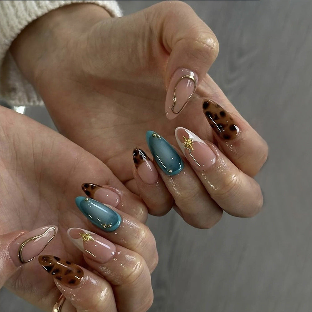 Tropical Elegance Long Almond Blue Pink and Leopard Print Press On Nail Set with Golden Accents