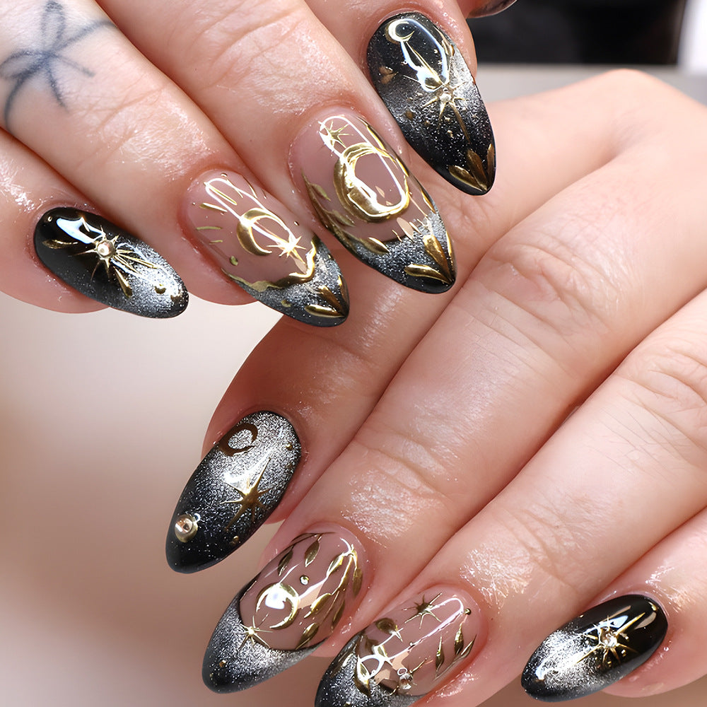 Celestial Dreamscape Long Almond Black and Gold Press On Nail Set with Glittering Star Accents