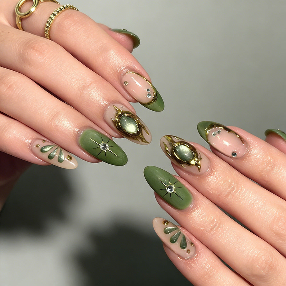 Enchanting Forest Elegance Medium Oval Green and Beige Press-On Nail Set with Gold Accents and Gemstone Detailing