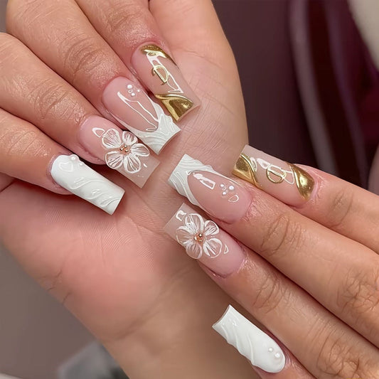 Bohemian Elegance Long Square Glossy White and Gold Floral Detail Press On Nail Set