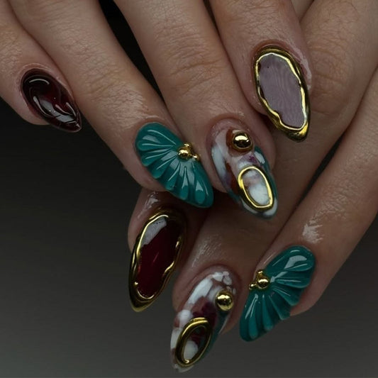 Whimsical Elegance Long Almond and Almond Shaped Green and Burgundy Press On Nail Set with Gold Accents