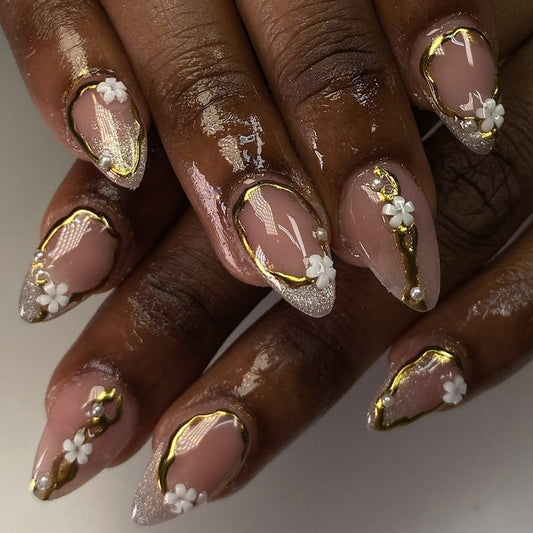 Elegant Garden Inspired Press On Nail Set Long Almond Shape Soft Pink with Gold Accents and Floral Embellishments