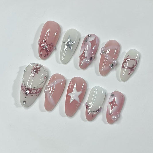Fairy Tale Glamour Long Almond Pink and White Nails with Sparkling Star Accents