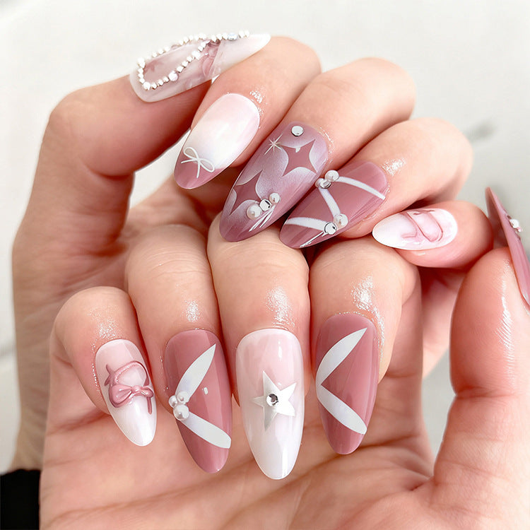 Chic Elegance Long Almond Pink Gradient Press On Nail Set with Charming Pearl and Star Accents