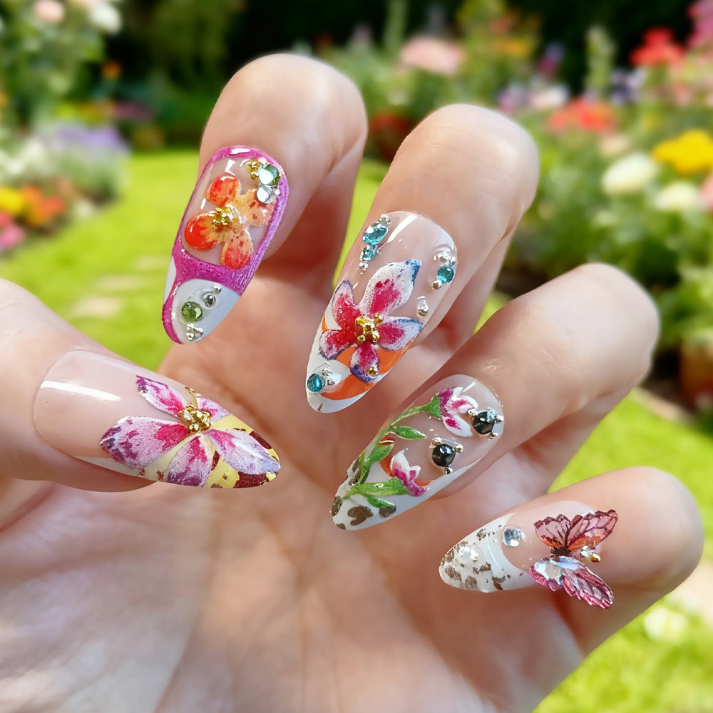 Floral Fantasy Long Almond Clear with Colorful Floral Designs and Sparkling Embellishments Press On Nail Set