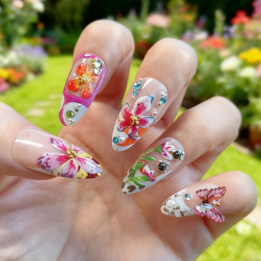 Floral Fantasy Long Almond Clear with Colorful Floral Designs and Sparkling Embellishments Press On Nail Set