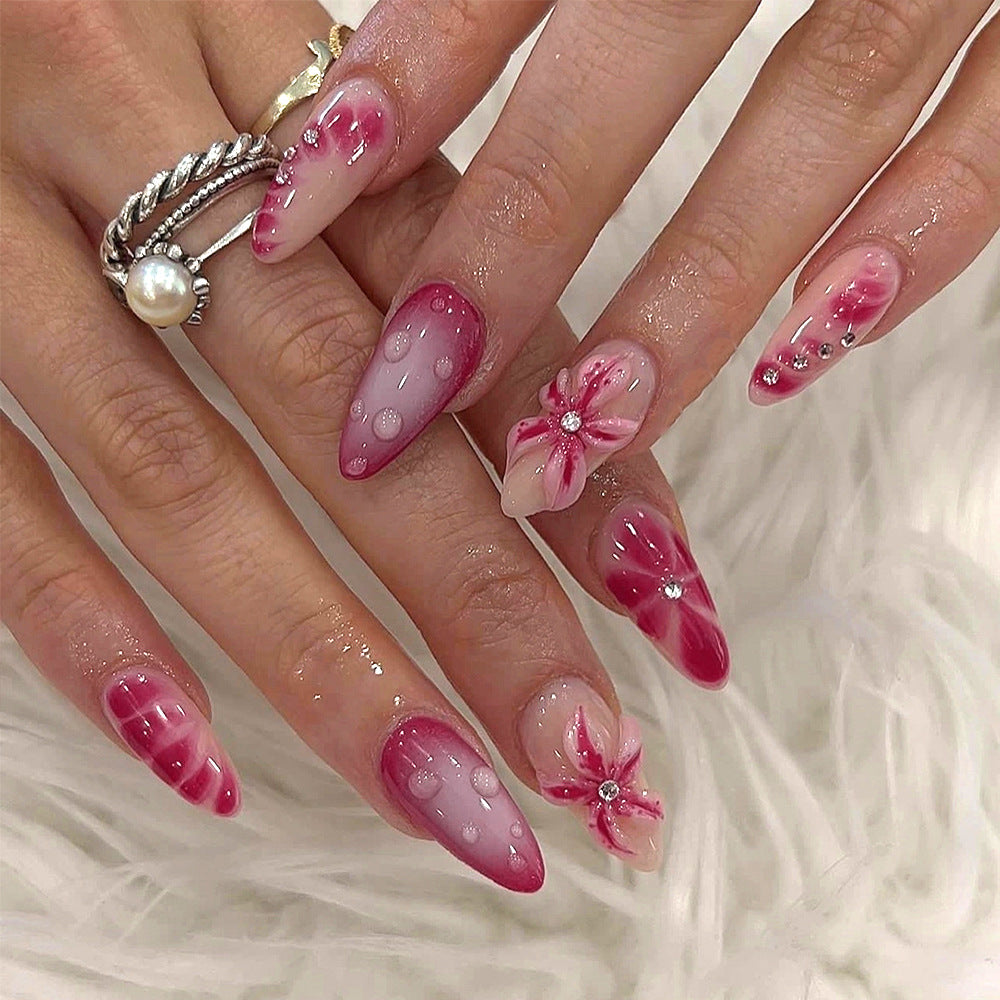 Romantic Blossom Long Almond Press On Nail Set in Pink Gradient with Floral Accents and Gemstone Embellishments
