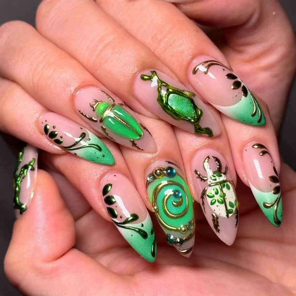Enchanted Forest Long Almond Green Press-On Nail Set with Intricate Beetle and Nature-Inspired Designs